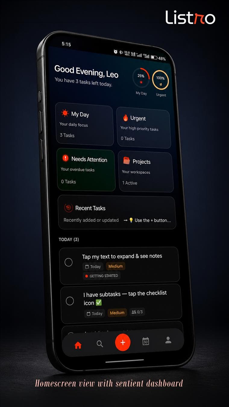 Listro home dashboard screen on a phone